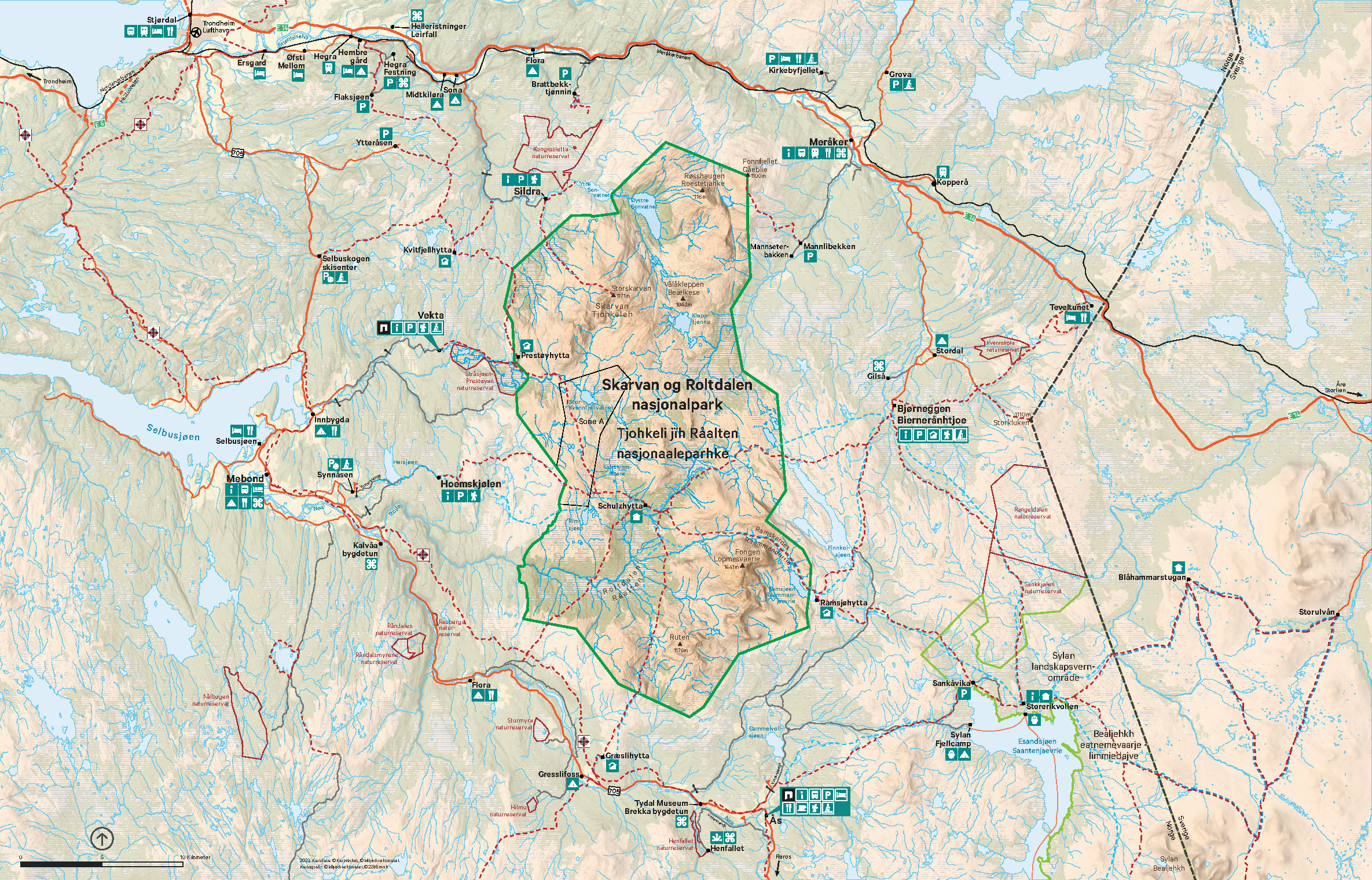 Oversiktskart over Skarvan og Roltdalen nasjonalpark