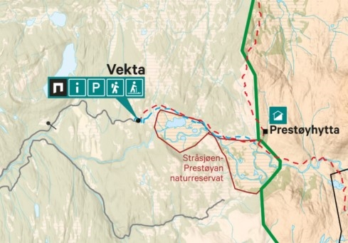 Kart som viser innfallsport ved Vekta til  Skarvan og Roltdalen nasjonalpark.